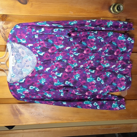 TRADITION* vintage long sleeve button front cardigan tie dye look purple teal L - Picture 8 of 15